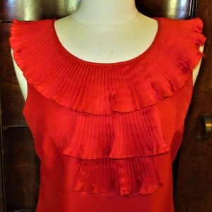 ELLEN TRACY VIVID RED S/S DRESS W/RUFFLED NECK/BIB